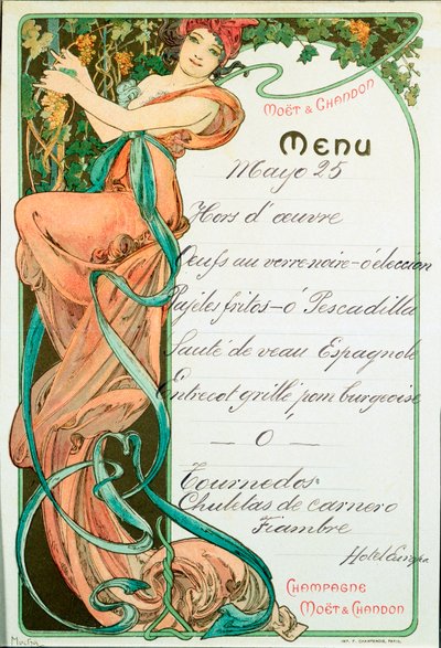 Menu imprimé par Champagne Moet et Chandon pour un repas de spécialités françaises. Illustration par Alphonse Mucha - Alphonse Mucha